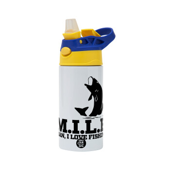 M.I.L.F. Mam i love fishing, Children's hot water bottle, stainless steel, with safety straw, green, blue (360ml) BPA FREE