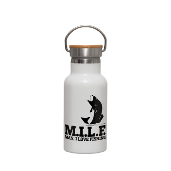 M.I.L.F. Mam i love fishing, Μεταλλικό παγούρι θερμός (Stainless steel) Λευκό με ξύλινο καπακι (bamboo), διπλού τοιχώματος, 350ml