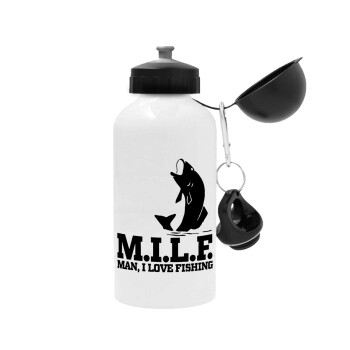 M.I.L.F. Mam i love fishing, Metal water bottle, White, aluminum 500ml