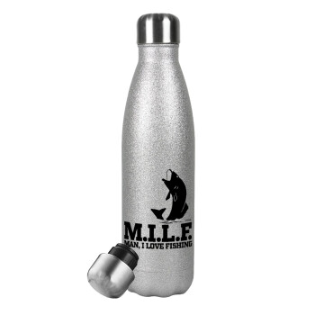 M.I.L.F. Mam i love fishing, Μεταλλικό παγούρι θερμός Glitter Aσημένιο (Stainless steel), διπλού τοιχώματος, 500ml