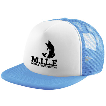 M.I.L.F. Mam i love fishing, Child's Soft Trucker Hat with Blue/White Mesh (POLYESTER, CHILD, ONE SIZE)