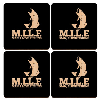 M.I.L.F. Mam i love fishing, ΣΕΤ x4 Σουβέρ ξύλινα τετράγωνα plywood (9cm)