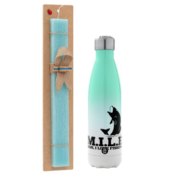 M.I.L.F. Mam i love fishing, Easter Set, Metallic green/white thermos (Stainless steel), double-walled, 500ml & scented flat Easter candle (30cm) (TURQUOISE)