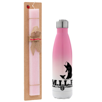 M.I.L.F. Mam i love fishing, Easter Set, Metallic pink/white (Stainless steel) thermos, double-walled, 500ml & aromatic flat Easter candle (30cm) (PINK)