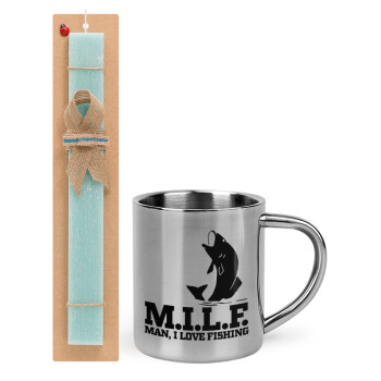 M.I.L.F. Mam i love fishing, Easter Set, metallic thermal cup (300ml) & aromatic flat Easter candle (30cm) (TURQUOISE)