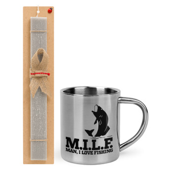 M.I.L.F. Mam i love fishing, Easter Set, metallic thermal cup (300ml) & Easter aromatic flat candle (30cm) (GRAY)