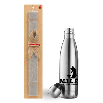 M.I.L.F. Mam i love fishing, Easter Set, metallic stainless thermos flask (500ml) & scented flat Easter candle (30cm) (GRAY)