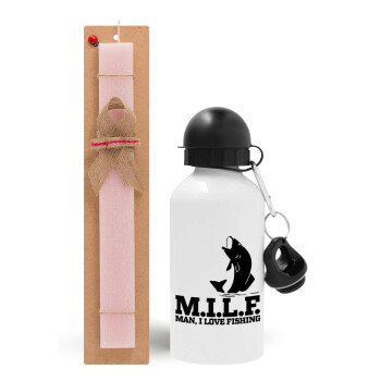 M.I.L.F. Mam i love fishing, Easter Set, metallic aluminum bottle (500ml) & aromatic flat Easter candle (30cm) (PINK)