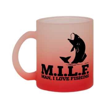 M.I.L.F. Mam i love fishing, Κούπα γυάλινη δίχρωμη με βάση το κόκκινο ματ, 330ml