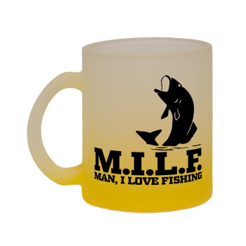 M.I.L.F. Mam i love fishing, Κούπα γυάλινη δίχρωμη με βάση το κίτρινο ματ, 330ml