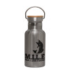 Stainless steel metallic thermos flask, silver with a bamboo lid, double-walled, 350ml.