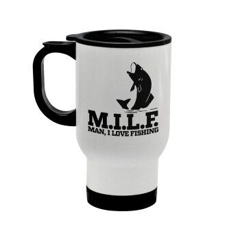 M.I.L.F. Mam i love fishing, Stainless steel travel mug with lid, double wall white 450ml