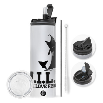 M.I.L.F. Mam i love fishing, Travel Tumbler θερμό με διπλό καπάκι, μεταλλικό καλαμάκι και βούρτσα καθαρισμού (Ανωξείδωτο 304 Food grade, BPA free, 600ml)