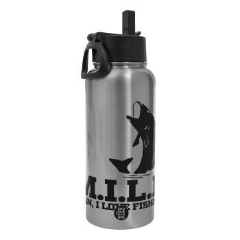 M.I.L.F. Mam i love fishing, Metal mug thermo Silver with Straw and Spout Lid (Stainless steel), double wall, 950ml