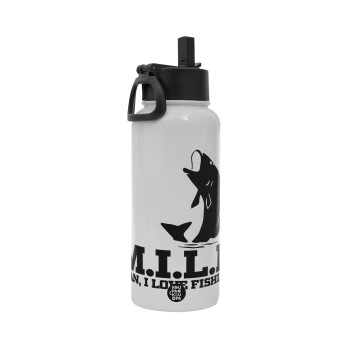 M.I.L.F. Mam i love fishing, Metal mug thermo White with Straw and Spout Lid (Stainless steel), double wall, 950ml