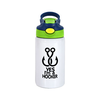 Yes i am Hooker, Children's hot water bottle, stainless steel, with safety straw, green, blue (350ml)