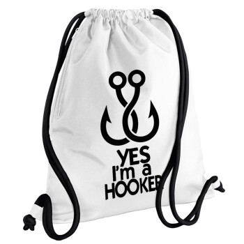 Yes i am Hooker, Τσάντα πλάτης πουγκί GYMBAG λευκή, με τσέπη (40x48cm) & χονδρά κορδόνια