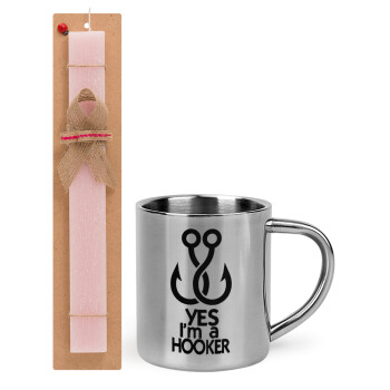 Yes i am Hooker, Easter Set, metallic thermal cup (300ml) & aromatic flat Easter candle (30cm) (PINK)