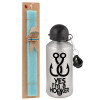 Easter Set, metallic silver aluminum water bottle (500ml) & scented flat Easter candle (30cm) (TURQUOISE)