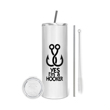 Yes i am Hooker, Tumbler ποτήρι θερμό από ανοξείδωτο ατσάλι 600ml, με μεταλλικό καλαμάκι & βούρτσα καθαρισμού