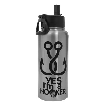 Yes i am Hooker, Metal mug thermo Silver with Straw and Spout Lid (Stainless steel), double wall, 950ml