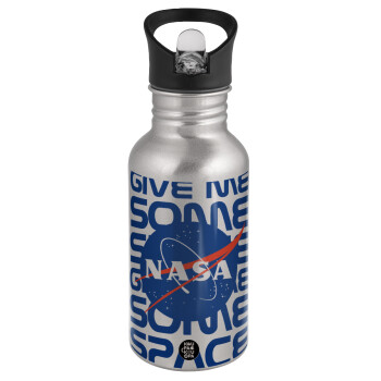 NASA give me some space, Water bottle Silver with straw, stainless steel 500ml