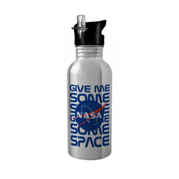 NASA give me some space, Water bottle Silver with straw, stainless steel 600ml