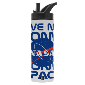 NASA give me some space, Μεταλλικό παγούρι θερμός με καλαμάκι & χειρολαβή, ανοξείδωτο ατσάλι (Stainless steel 304), διπλού τοιχώματος, 600ml