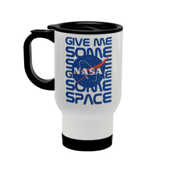NASA give me some space, Stainless steel travel mug with lid, double wall white 450ml