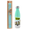 Easter Set, Metallic green/white thermos (Stainless steel), double-walled, 500ml & scented flat Easter candle (30cm) (TURQUOISE)