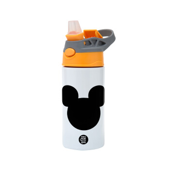 mouse man, Children's hot water bottle, stainless steel, with safety straw, Orange/Grey (360ml) BPA-FREE