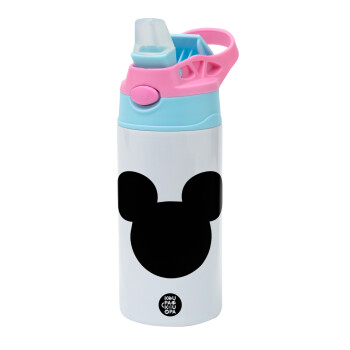 mouse man, Children's hot water bottle, stainless steel, with safety straw, Pink/BlueCiel (360ml) BPA FREE