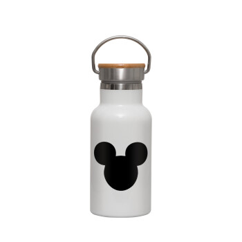 mouse man, Metallic thermos (Stainless steel) White with wooden lid (bamboo), double-walled, 350ml