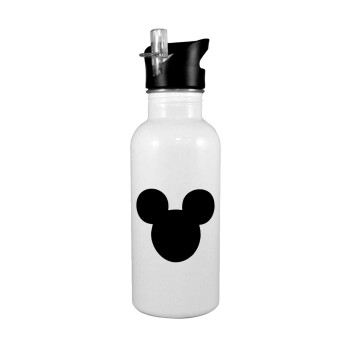mouse man, White water bottle with straw, stainless steel 600ml