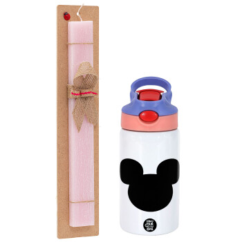 mouse man, Easter Set, Children's thermal stainless steel water bottle with safety straw, pink/purple (350ml) & Easter scented flat candle (30cm) (PINK)