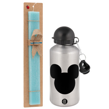 mouse man, Easter Set, metallic silver aluminum water bottle (500ml) & scented flat Easter candle (30cm) (TURQUOISE)