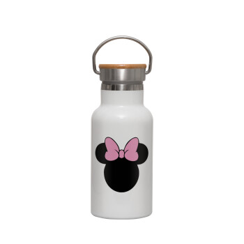 mouse girl, Metallic thermos (Stainless steel) White with wooden lid (bamboo), double-walled, 350ml