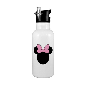 mouse girl, White water bottle with straw, stainless steel 600ml