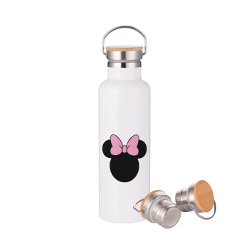 mouse girl, Stainless steel White with wooden lid (bamboo), double wall, 750ml