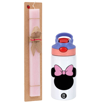 mouse girl, Easter Set, Children's thermal stainless steel water bottle with safety straw, pink/purple (350ml) & Easter scented flat candle (30cm) (PINK)