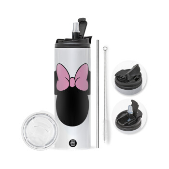 mouse girl, Travel Tumbler θερμό με διπλό καπάκι, μεταλλικό καλαμάκι και βούρτσα καθαρισμού (Ανωξείδωτο 304 Food grade, BPA free, 600ml)