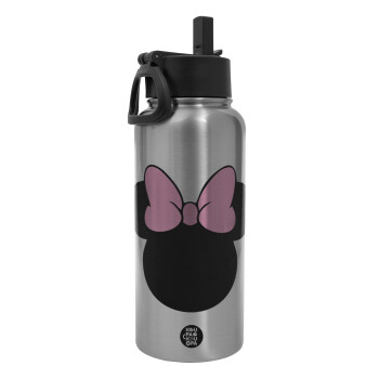 mouse girl, Metal mug thermo Silver with Straw and Spout Lid (Stainless steel), double wall, 950ml