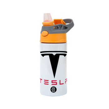 Tesla motors, Children's hot water bottle, stainless steel, with safety straw, Orange/Grey (360ml) BPA-FREE