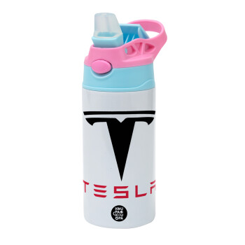 Tesla motors, Children's hot water bottle, stainless steel, with safety straw, Pink/BlueCiel (360ml) BPA FREE