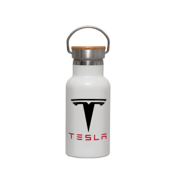 Tesla motors, Metallic thermos (Stainless steel) White with wooden lid (bamboo), double-walled, 350ml