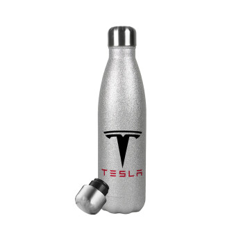 Tesla motors, Metallic Glitter Silver Thermos Flask (Stainless steel), double-walled, 500ml