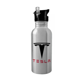 Tesla motors, Παγούρι νερού Ασημένιο με καλαμάκι, ανοξείδωτο ατσάλι 600ml