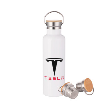 Tesla motors, Μεταλλικό παγούρι θερμός (Stainless steel) Λευκό με ξύλινο καπακι (bamboo), διπλού τοιχώματος, 750ml