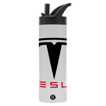 Tesla motors, Metallic thermos bottle with straw & handle, stainless steel (Stainless steel 304), double-walled, 600ml.