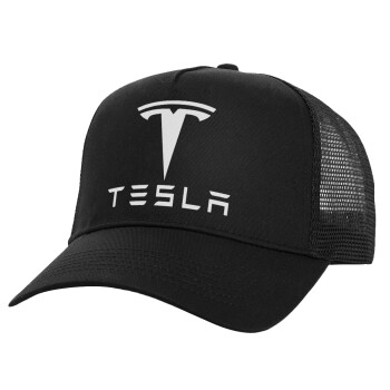 Tesla motors, Structured Trucker Adult Hat, with Mesh, Black (100% COTTON, ADULT, UNISEX, ONE SIZE)